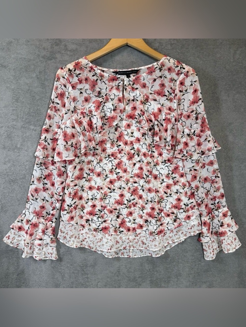 White House Black Market Floral Ruffle Blouse 4 Bell Sleeve Boho Cottagecore